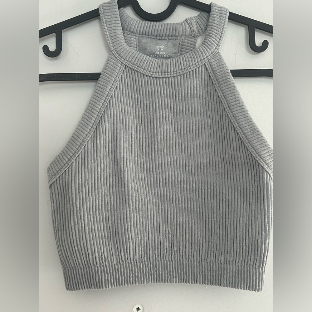 Aerie Real Good Grey Ribbed Cropped Racer back Tank Top XS